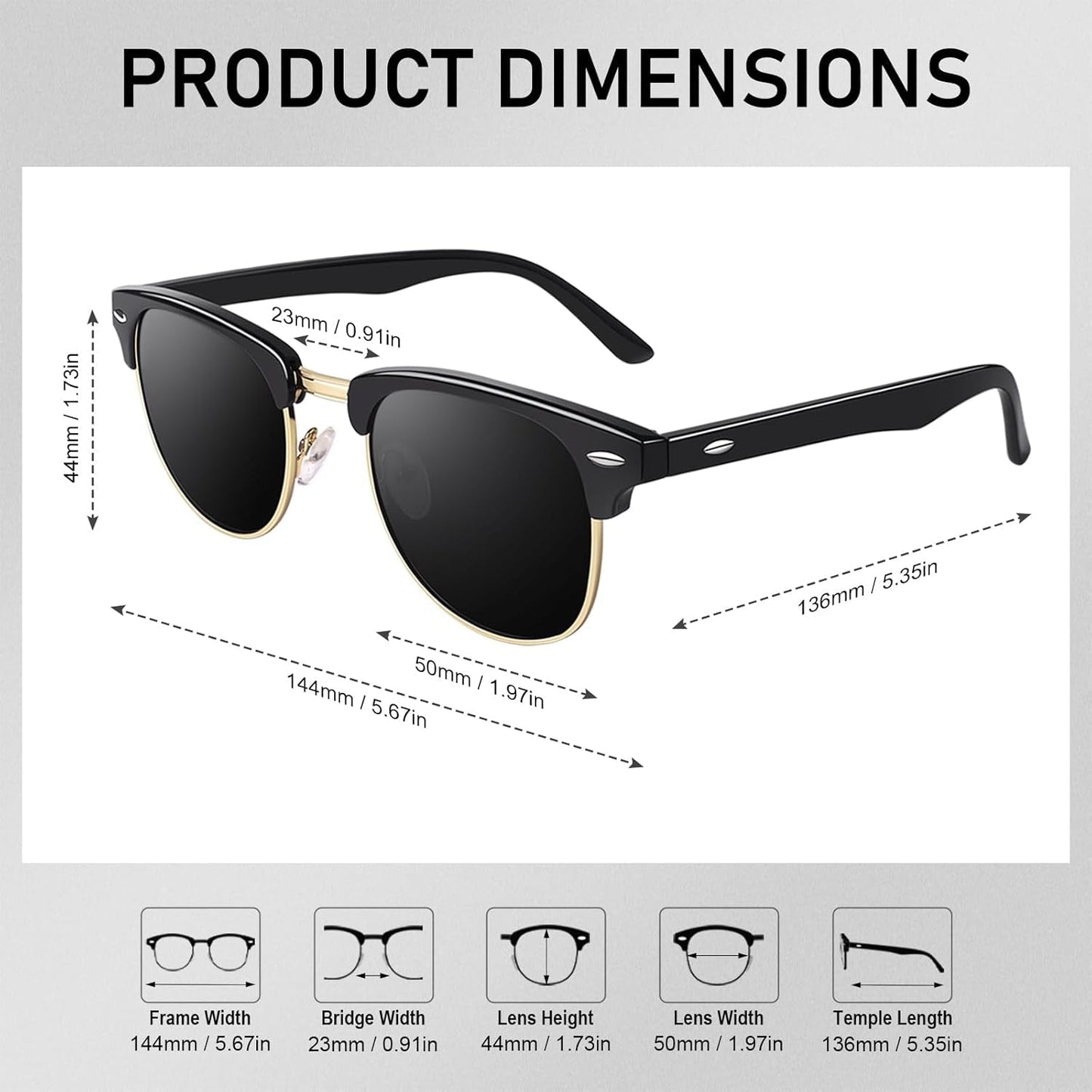 Classic Horn Rimmed Semi Rimless Polarized Sunglasses for Men Women GQO6 - WORLD TIME VISITS