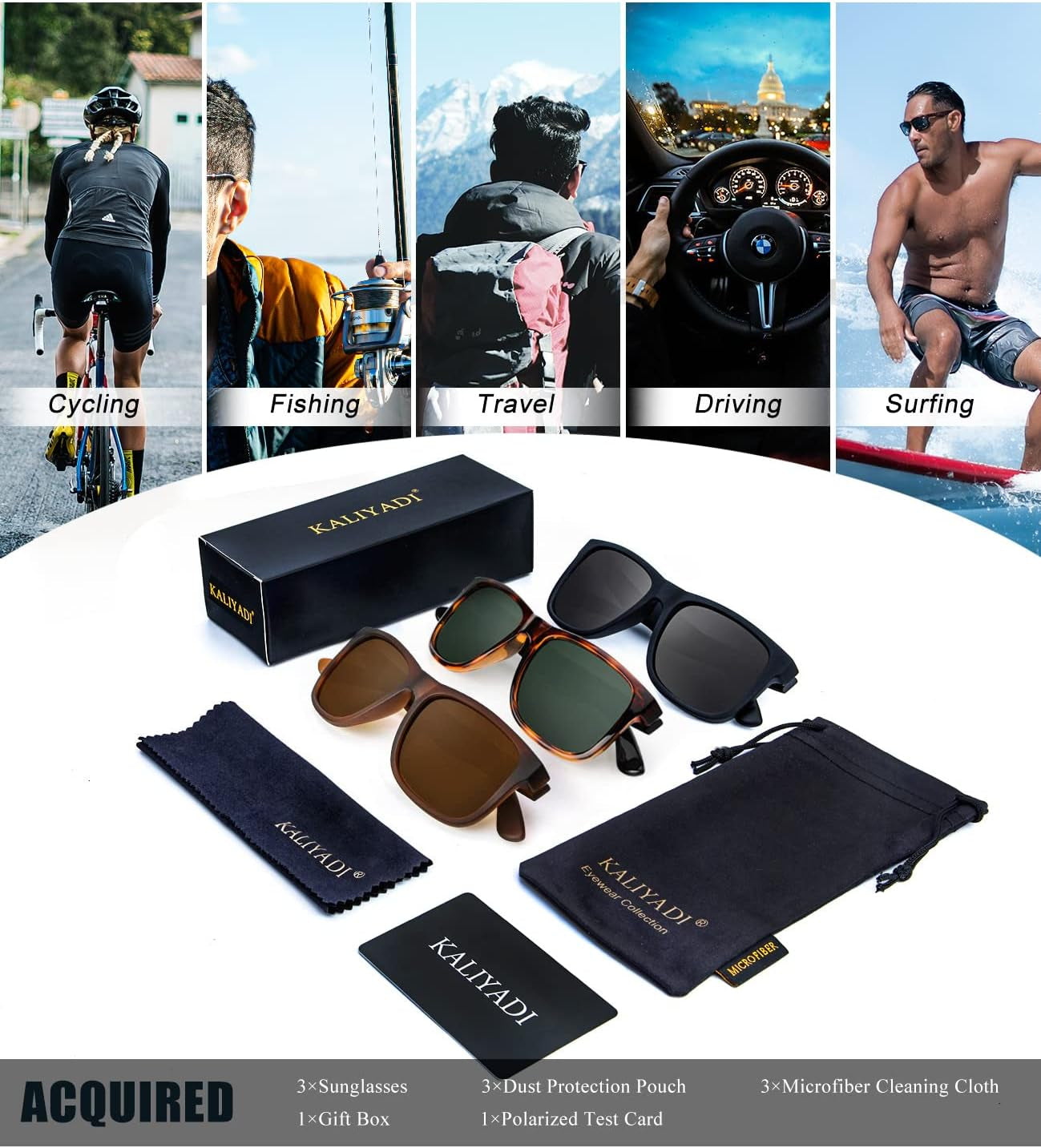 Sunglasses Men Polarized Sun Glasses for Mens Womens Classic Matte Black Frame UV Protection 3Pack - WORLD TIME VISITS