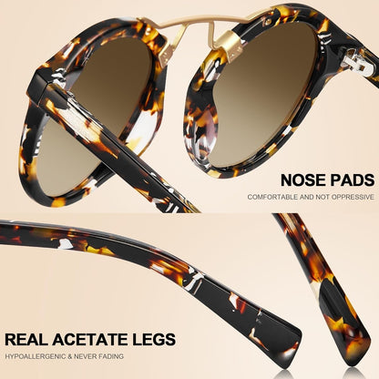Small Face Acetate Polarized Sunglasses for Women UV Protection, Retro Double Bridge Eyewears Metal Brow round Sunnies