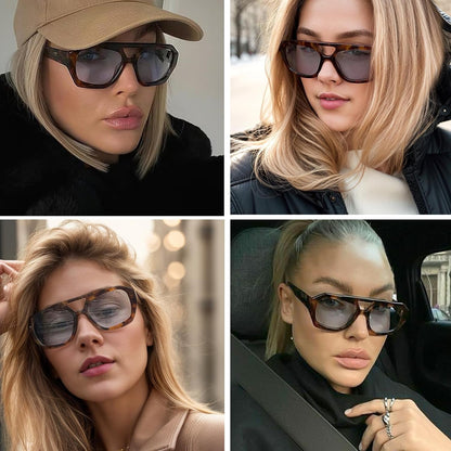 Trendy Designer Inspired Aviator Sunglasses for Women Men Hexagonal Square Thick Frame Double Bridge Sun Glasses - WORLD TIME VISITS