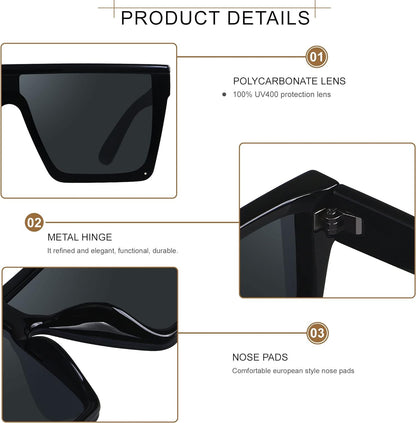 Square Oversized Sunglasses for Women Men Big Flat Top Fashion Shield Large UV Protection Rimless Shades - WORLD TIME VISITS