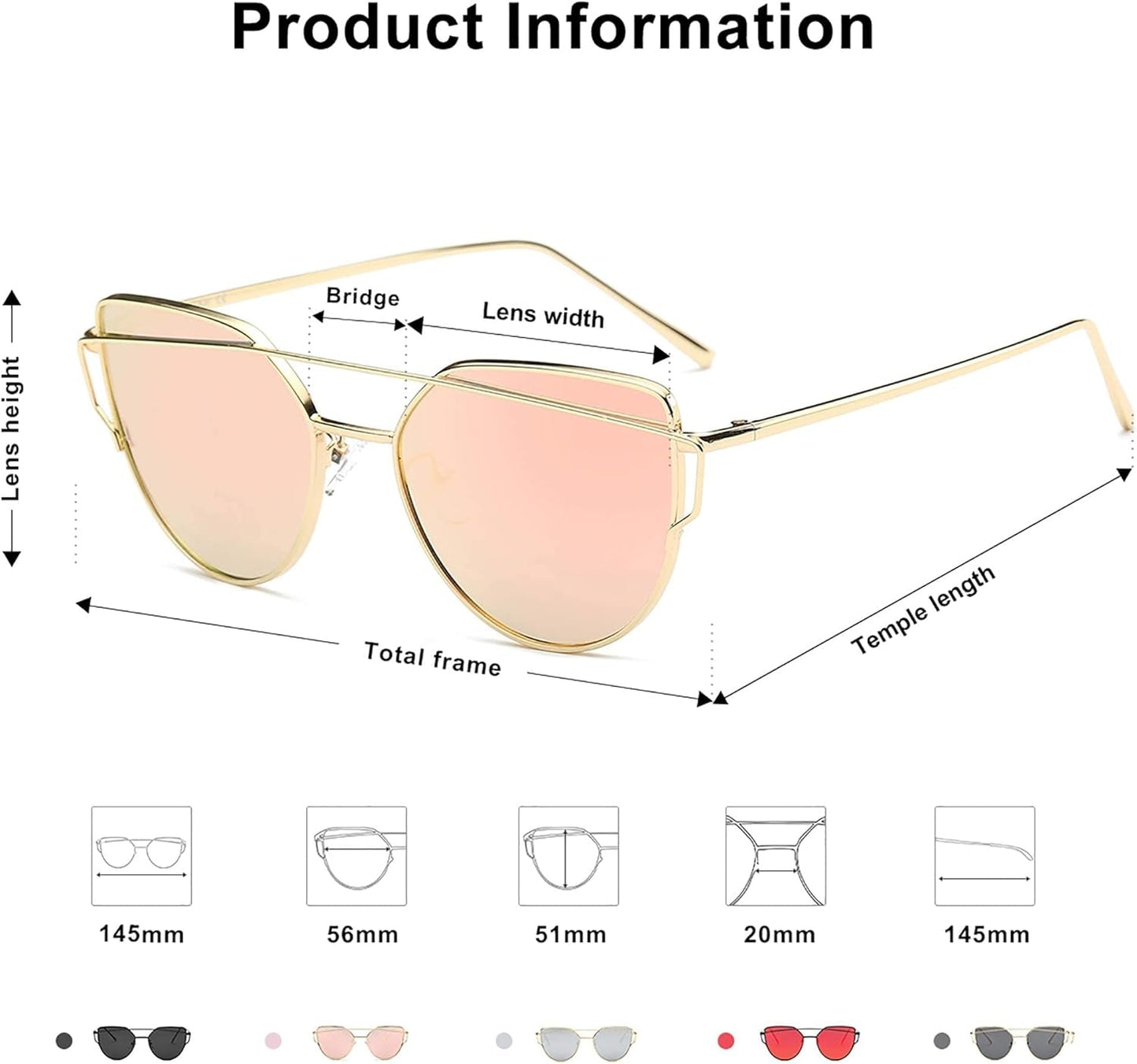 Cat Eye Sunglasses for Women Fashion Designer Style Mirrored Lenses