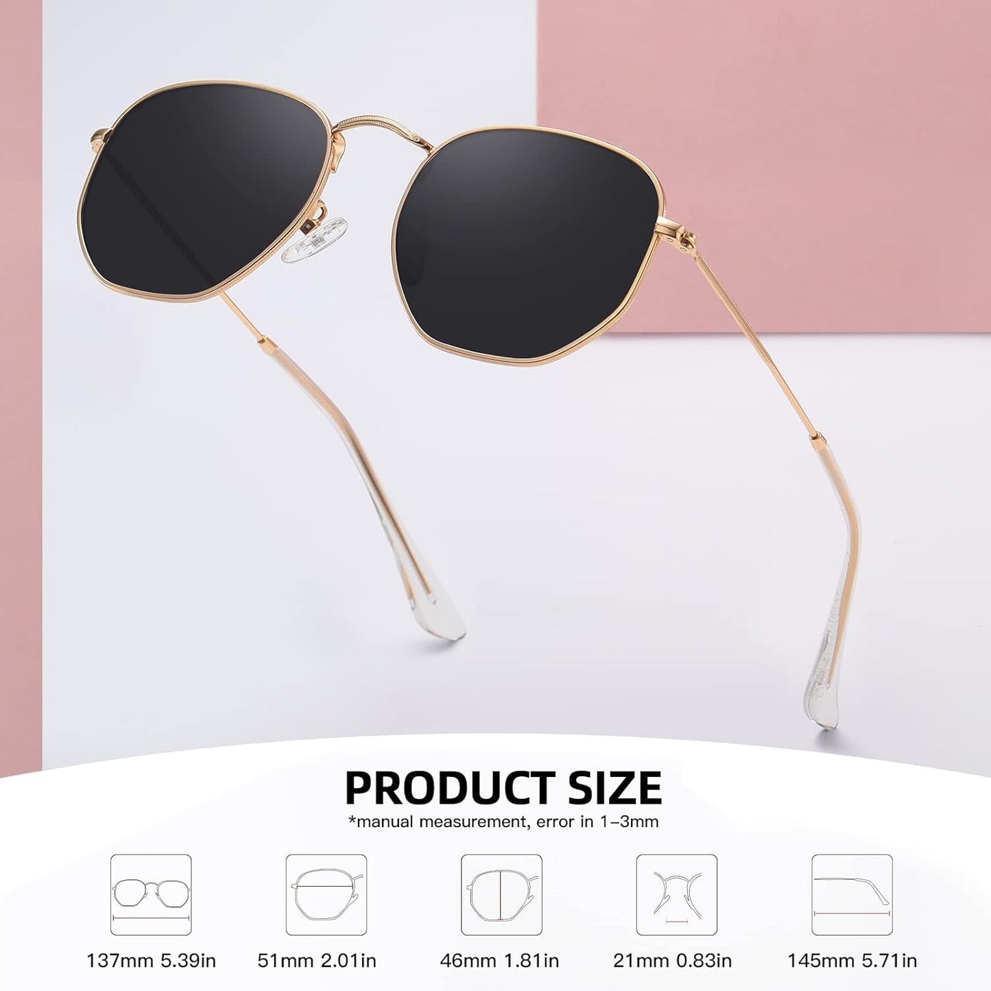 Polarized Hexagon Sunglasses for Women Men Polygon Square Sun Glasses UV400 Protection Metal Frame