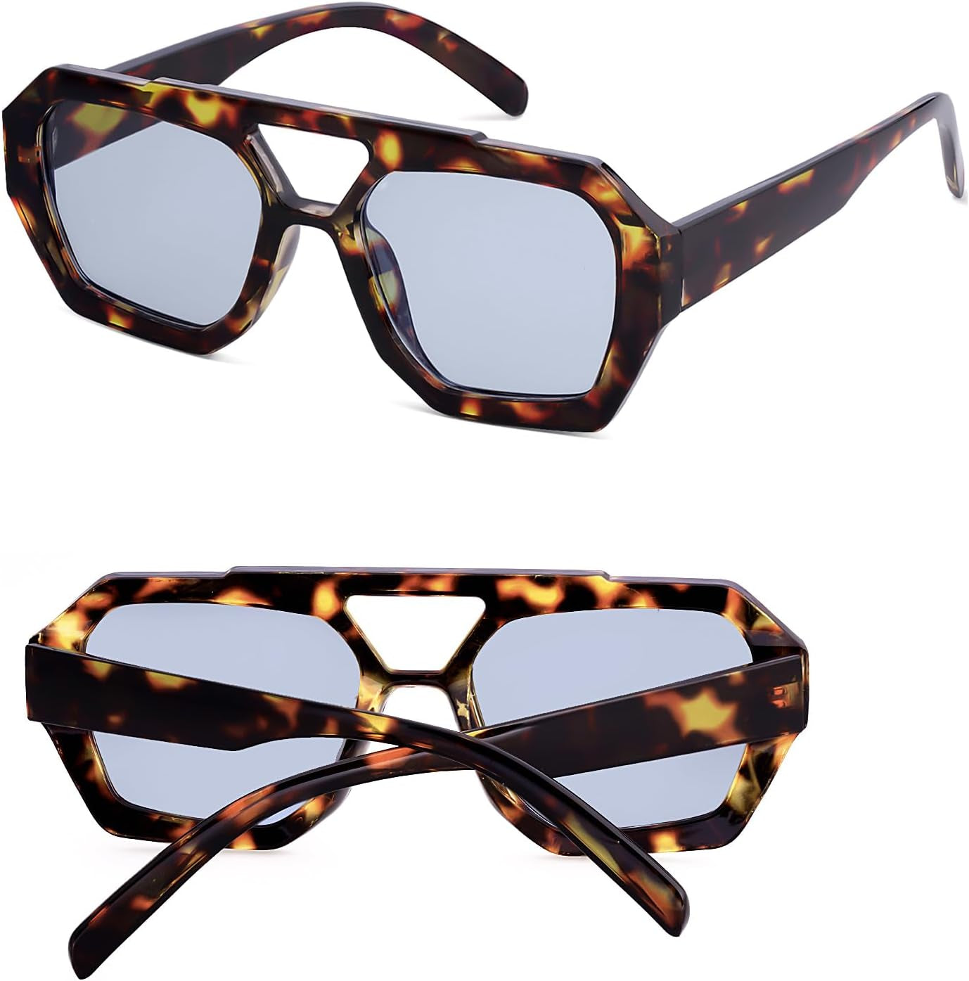 Trendy Designer Inspired Aviator Sunglasses for Women Men Hexagonal Square Thick Frame Double Bridge Sun Glasses - WORLD TIME VISITS