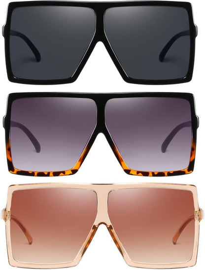 3 Pieces Sunglasses for Women Men Large Frame Retro Square Glasses - WORLD TIME VISITS