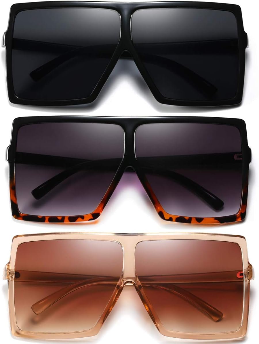 3 Pieces Sunglasses for Women Men Large Frame Retro Square Glasses - WORLD TIME VISITS