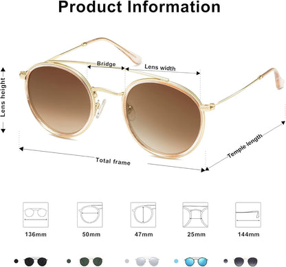 Retro Vintage round Polarized Sunglasses for Women Men Small Double Bridge Circle Sunnies SJ1104 - WORLD TIME VISITS