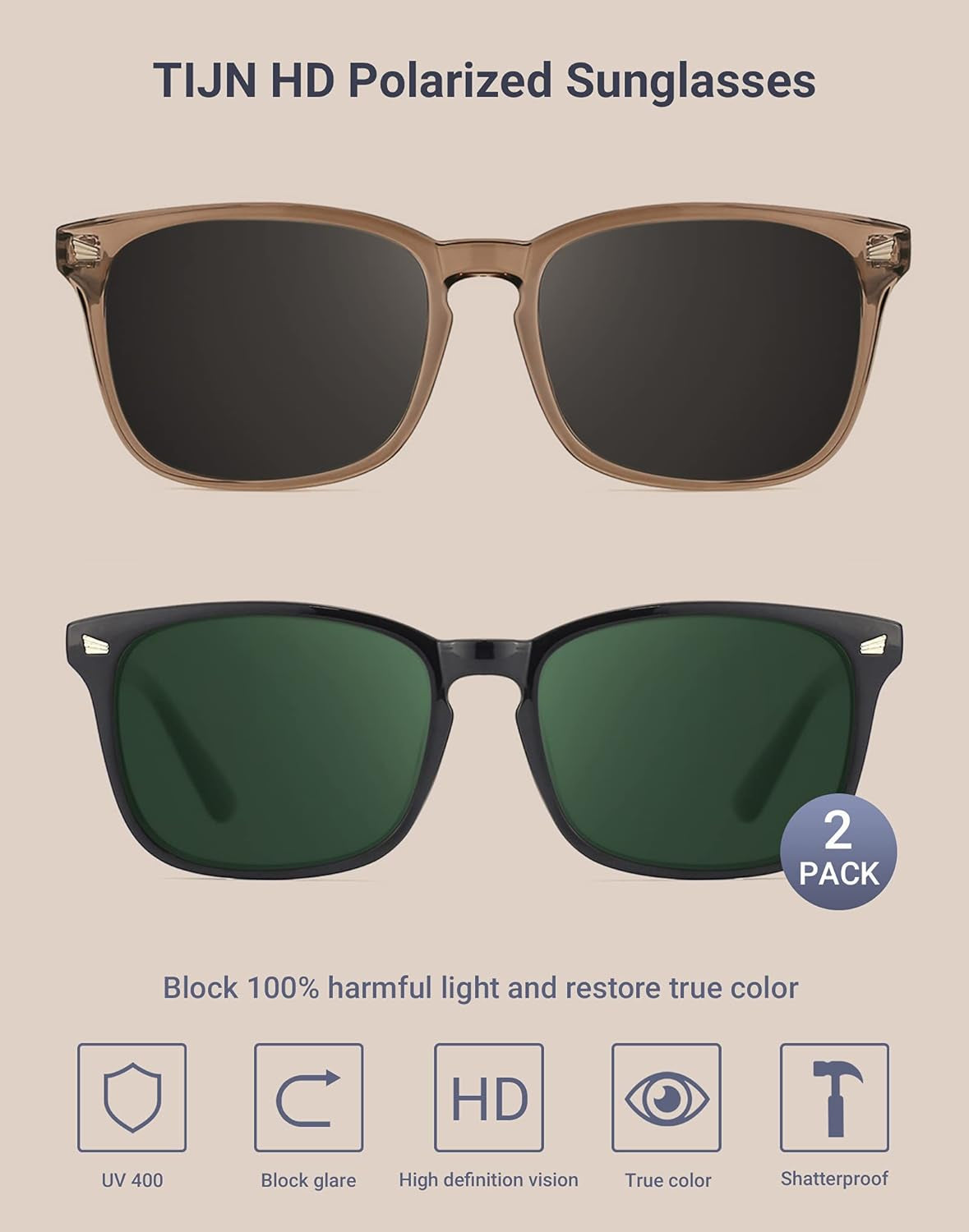 Polarized Sunglasses for Womens and Mens,Classic Square Frames Shades for UV Protection, Stylish and Trendy Sunnies - WORLD TIME VISITS