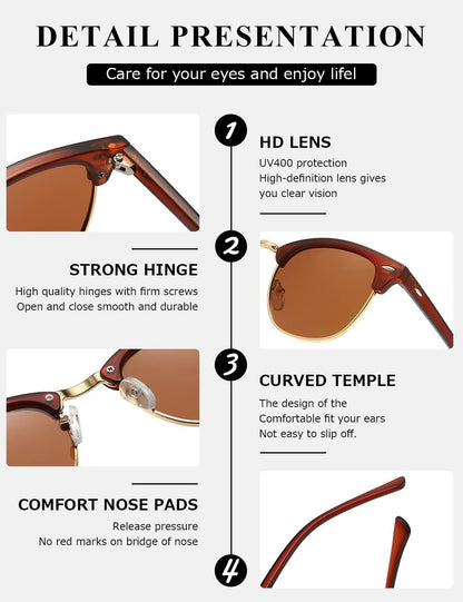 Polarized Sunglasses for Women and Men Semi Rimless Frame Retro Sun Glasses AE0369