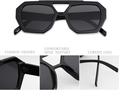 Trendy Designer Inspired Aviator Sunglasses for Women Men Hexagonal Square Thick Frame Double Bridge Sun Glasses - WORLD TIME VISITS