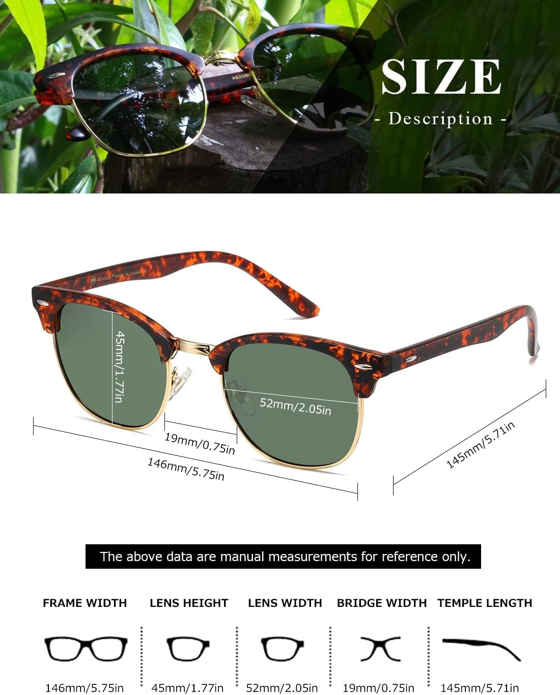 Polarized Sunglasses for Women and Men Semi Rimless Frame Retro Sun Glasses AE0369