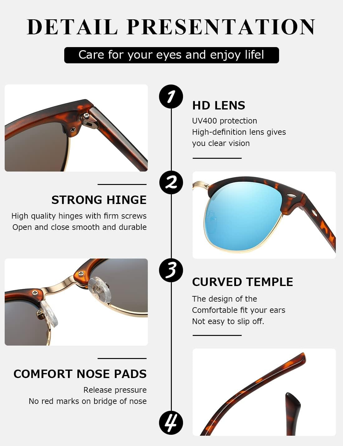 Polarized Sunglasses for Women and Men Semi Rimless Frame Retro Sun Glasses AE0369 - WORLD TIME VISITS