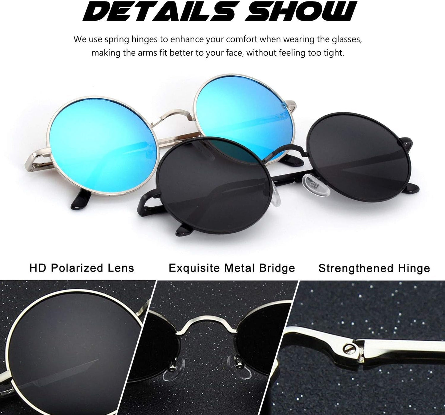 Retro round Polarized Sunglasses Mens Womens Circle Metal Hippie Shades UV400 Protection E01