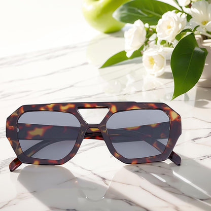 Trendy Designer Inspired Aviator Sunglasses for Women Men Hexagonal Square Thick Frame Double Bridge Sun Glasses - WORLD TIME VISITS