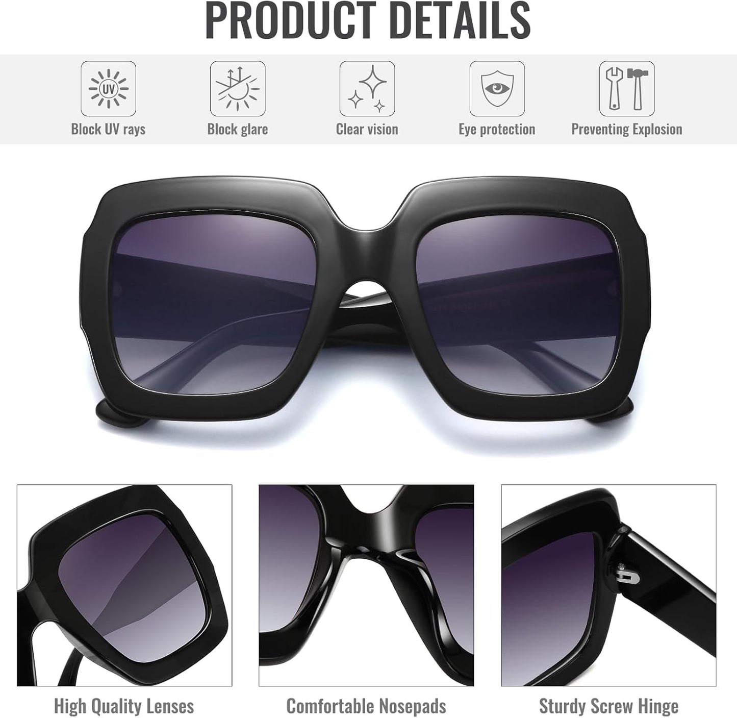 Oversized Square Sunglasses Womens Retro Shades Luxury Big Sun Glasses UV400 Protection S0178