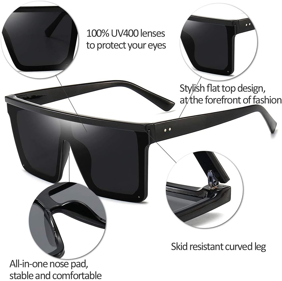 Square Oversized Sunglasses for Women Men Fashion Flat Top Big Black Frame Shades - WORLD TIME VISITS