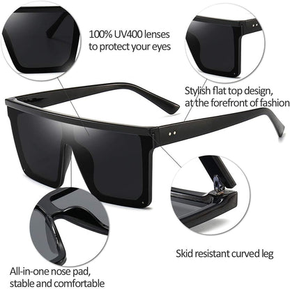 Square Oversized Sunglasses for Women Men Fashion Flat Top Big Black Frame Shades - WORLD TIME VISITS