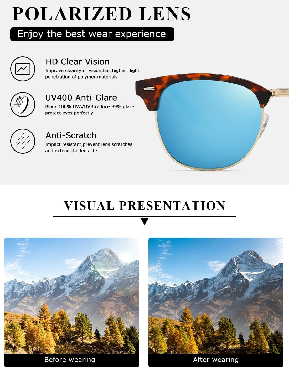 Polarized Sunglasses for Women and Men Semi Rimless Frame Retro Sun Glasses AE0369 - WORLD TIME VISITS