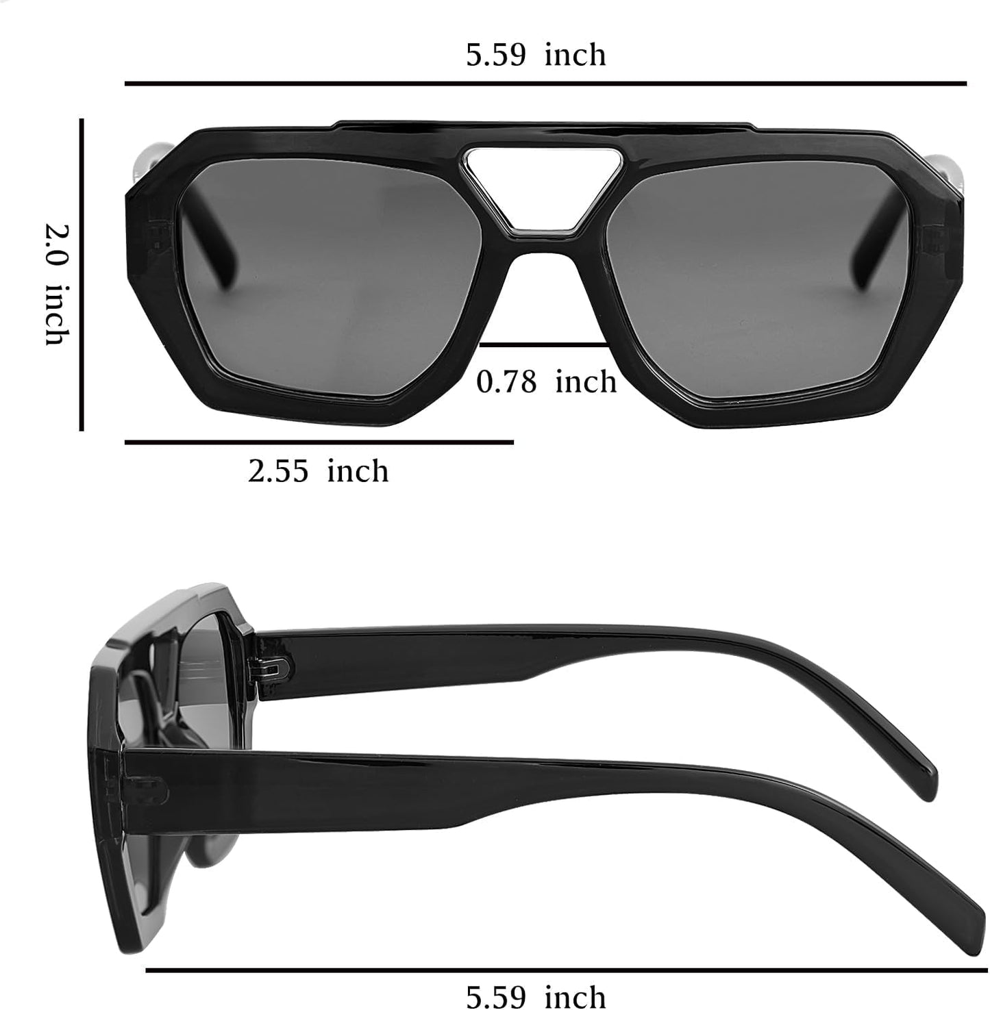 Trendy Designer Inspired Aviator Sunglasses for Women Men Hexagonal Square Thick Frame Double Bridge Sun Glasses - WORLD TIME VISITS