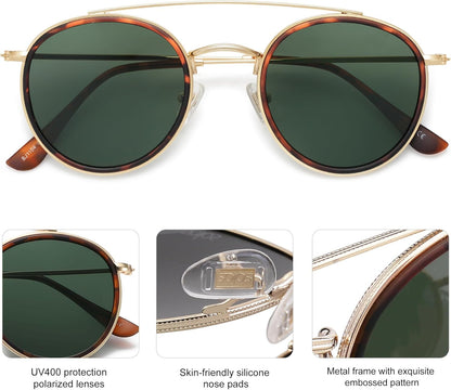 Retro Vintage round Polarized Sunglasses for Women Men Small Double Bridge Circle Sunnies SJ1104