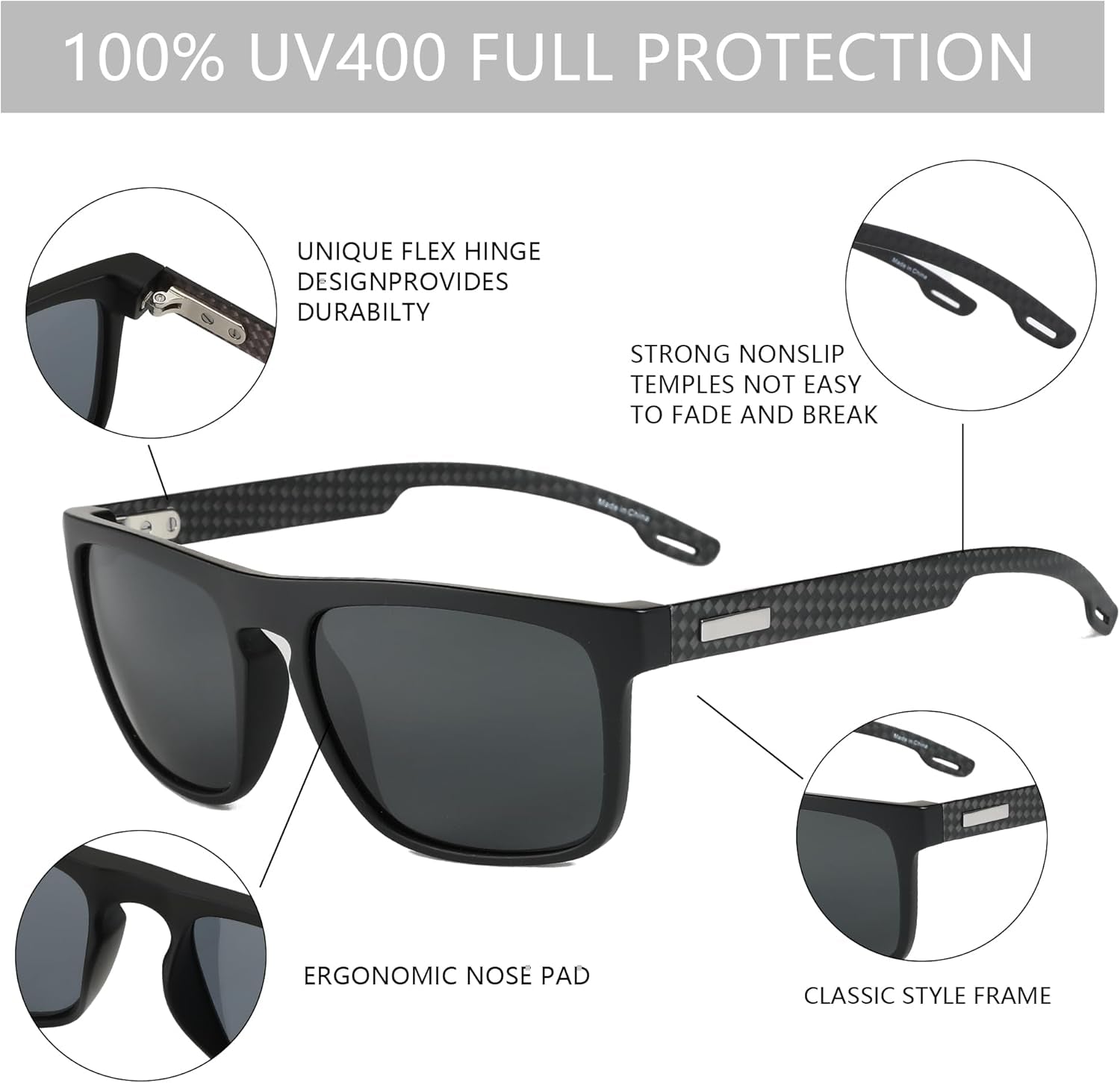 Polarized Sunglasses Men Square: Unbreakable TR90 Frame Carbon Fiber Temple UV400 Protection Sun Glasses for Driving - WORLD TIME VISITS