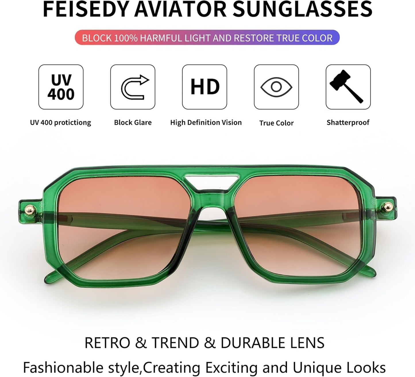 Vintage Square 70S Flat Aviator Sunglasses Women Men Classic Retro Stylish Frame UV400 Sunglasses B2622 - WORLD TIME VISITS