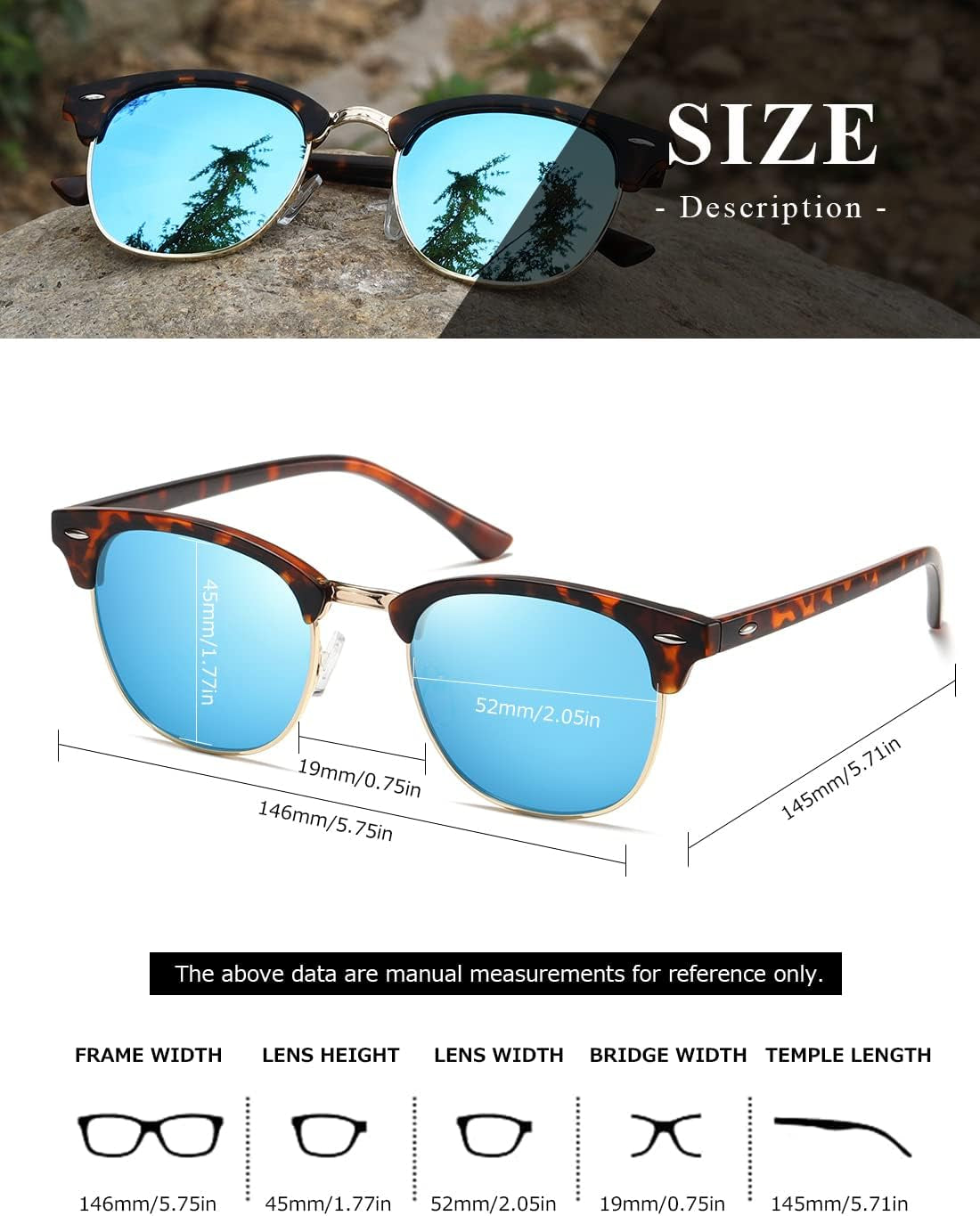 Polarized Sunglasses for Women and Men Semi Rimless Frame Retro Sun Glasses AE0369 - WORLD TIME VISITS