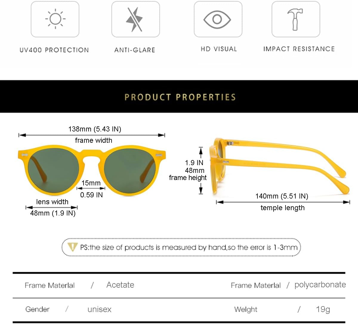 Vintage Polarized Sunglasses for Men round Sunglasses UV400 Protection Retro Hand-Crafted Acetate Frame - WORLD TIME VISITS