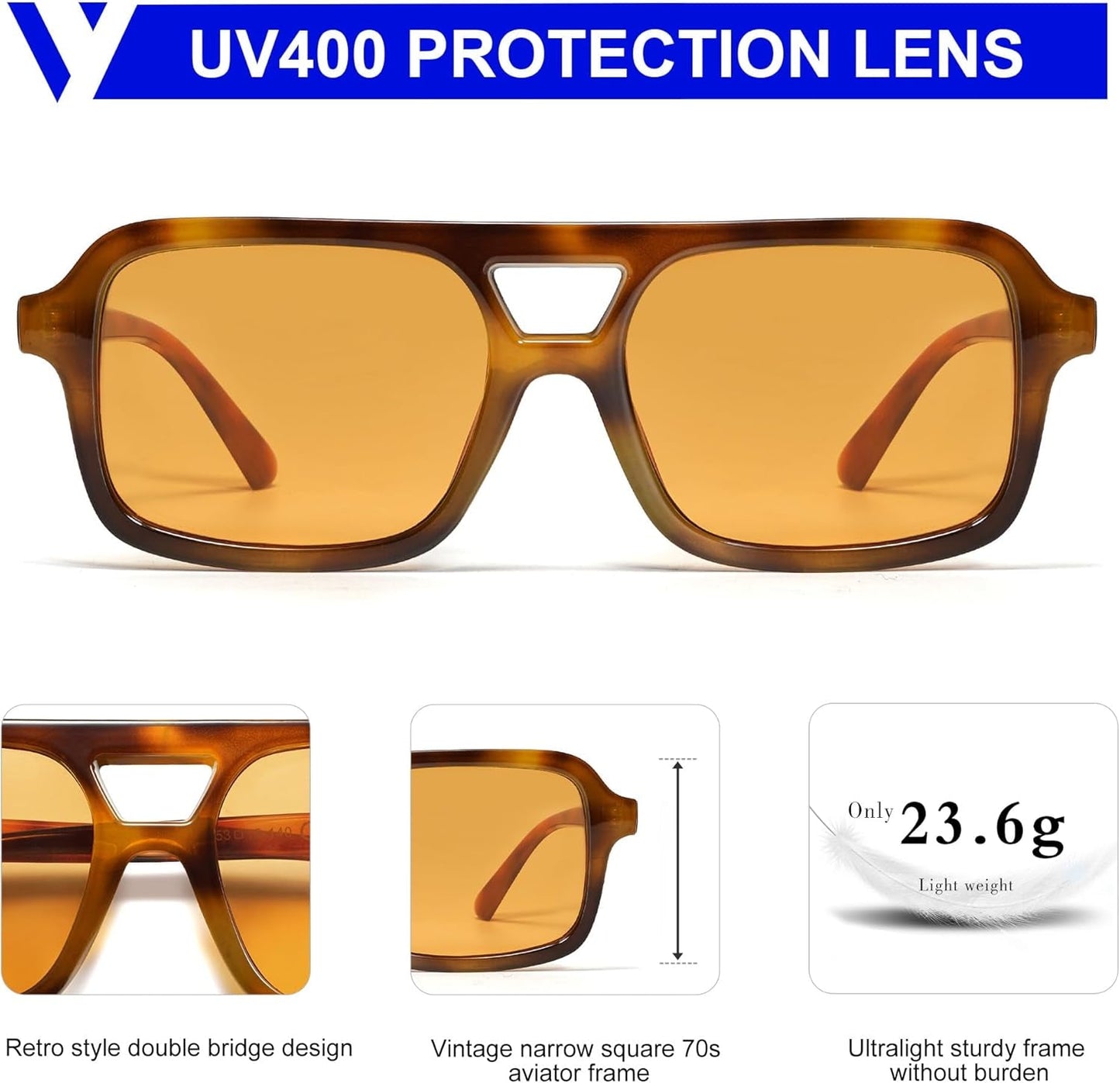 Retro 70S Square Aviator Sunglasses for Women Men Vintage Trendy Rectangle Sun Glasses VL9816