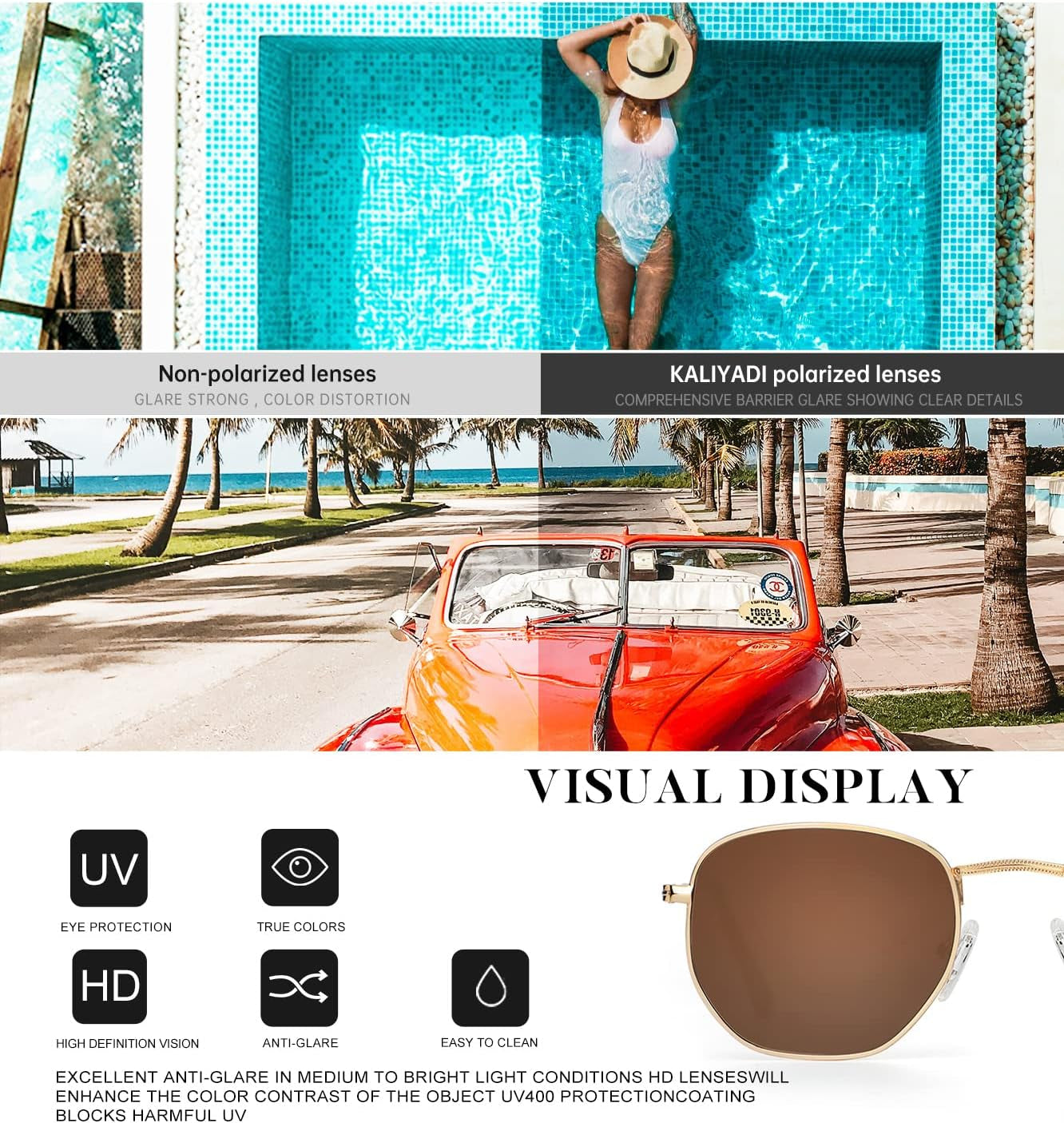 Sunglasses for Women and Men, Polarized Square UV Protection, Trendy Metal Frame Hexagon Sunglasses