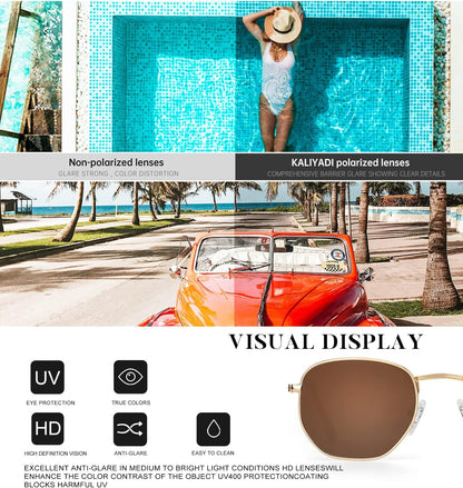 Sunglasses for Women and Men, Polarized Square UV Protection, Trendy Metal Frame Hexagon Sunglasses