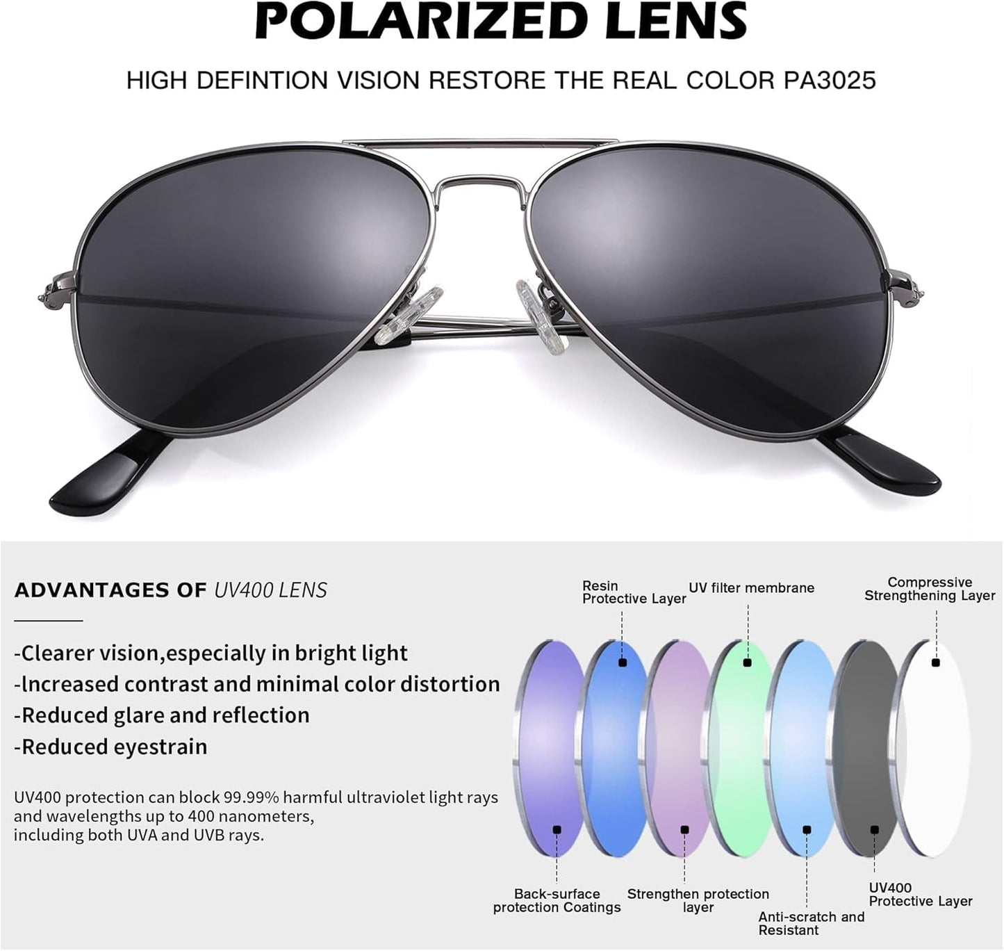 Aviator Sunglasses for Men Women Classic Polarized UV400 Protection - WORLD TIME VISITS
