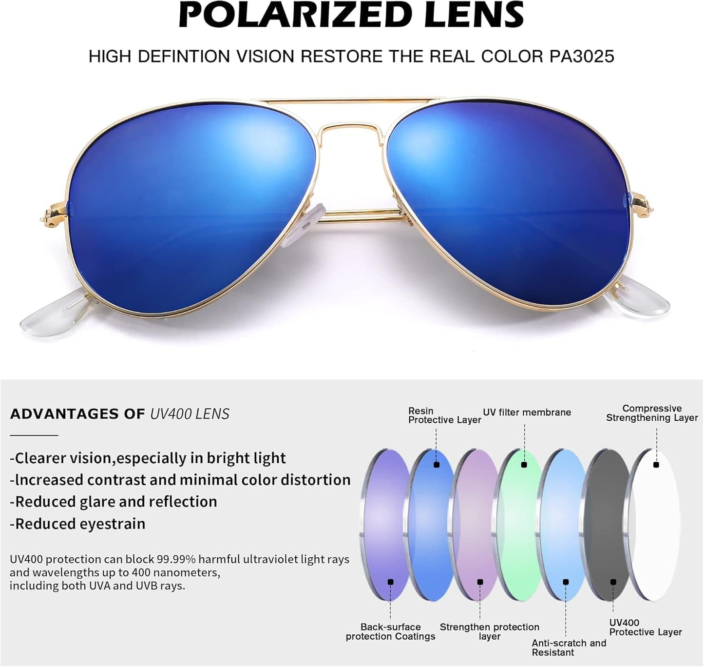 Aviator Sunglasses for Men Women Classic Polarized UV400 Protection - WORLD TIME VISITS