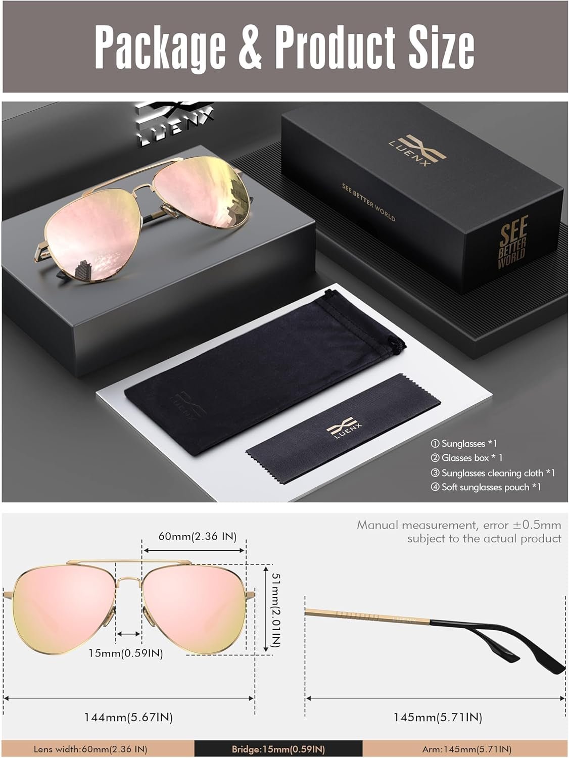 Aviator Sunglasses for Men Women Polarized Driving Classic Shades - UV 400 Protection with Accessories 60MM - WORLD TIME VISITS
