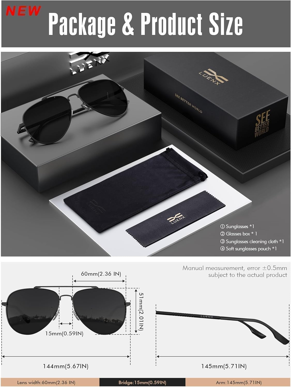Aviator Sunglasses for Men Women Polarized Driving Classic Shades - UV 400 Protection with Accessories 60MM - WORLD TIME VISITS