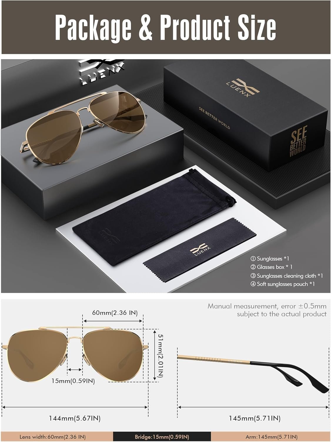Aviator Sunglasses for Men Women Polarized Driving Classic Shades - UV 400 Protection with Accessories 60MM - WORLD TIME VISITS