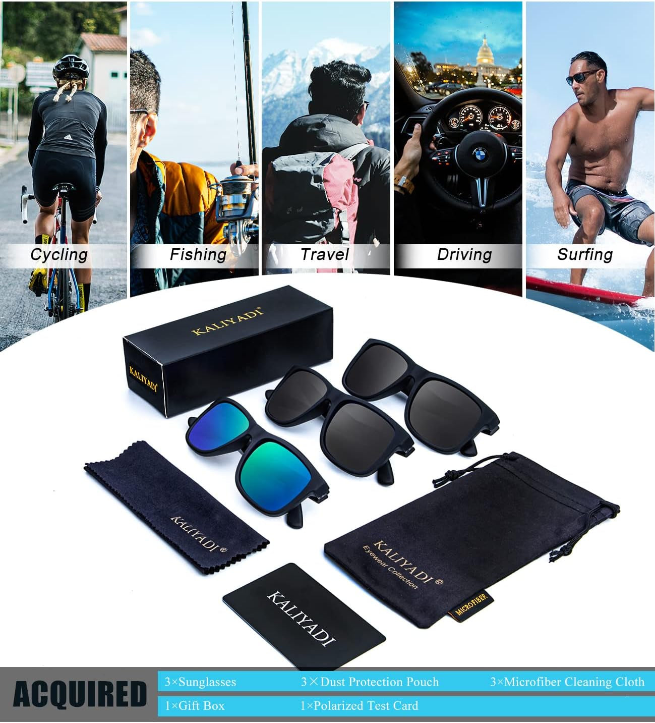 Sunglasses Men Polarized Sun Glasses for Mens Womens Classic Matte Black Frame UV Protection 3Pack - WORLD TIME VISITS