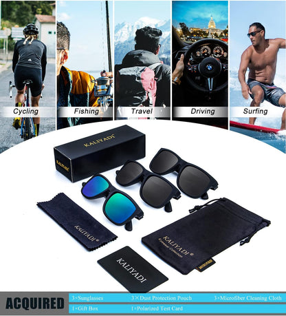Sunglasses Men Polarized Sun Glasses for Mens Womens Classic Matte Black Frame UV Protection 3Pack - WORLD TIME VISITS