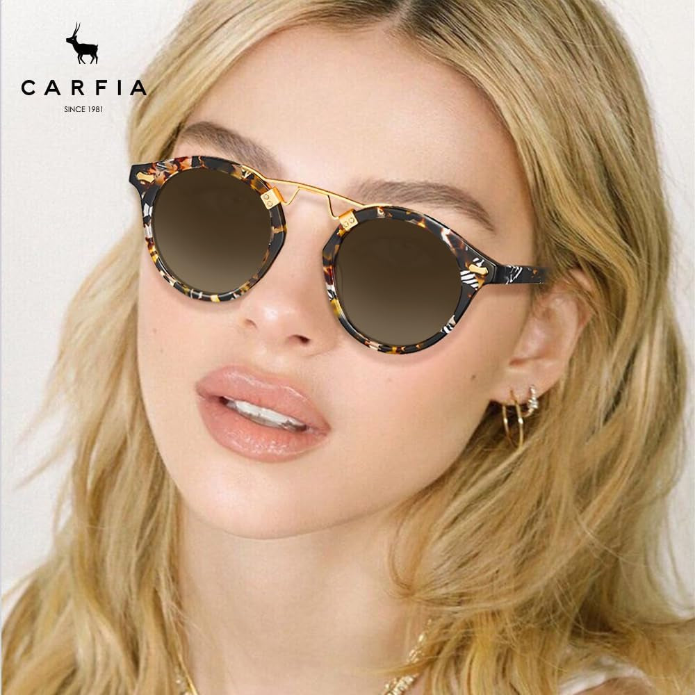 Small Face Acetate Polarized Sunglasses for Women UV Protection, Retro Double Bridge Eyewears Metal Brow round Sunnies