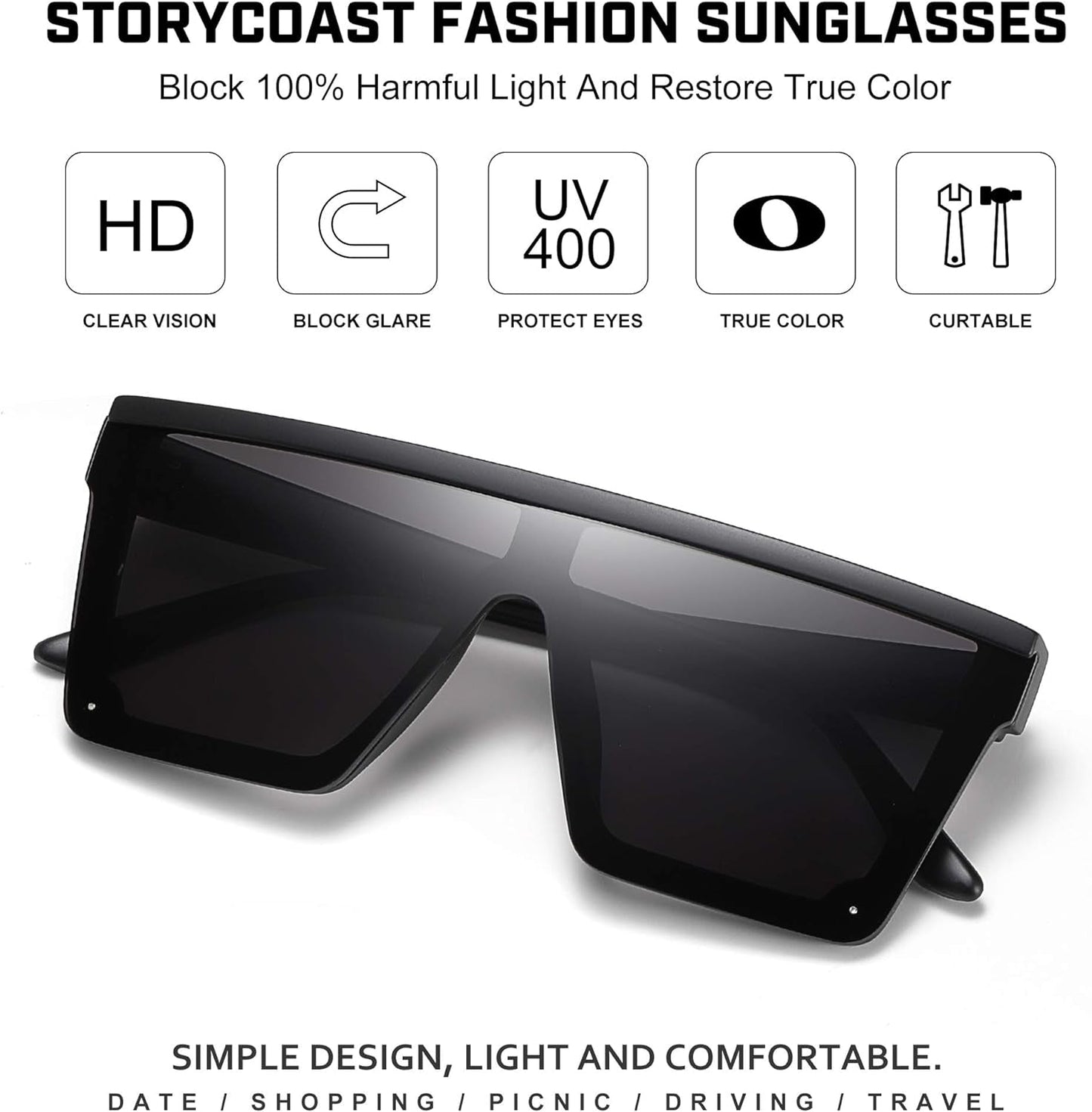 Square Sunglasses for Women Men Fashion Big Frame Flat Top Sun Glasses Mirror Lens - WORLD TIME VISITS