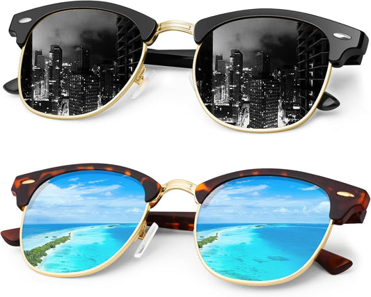 Classic Polarized Sunglasses for Men and Women Retro Style Semi Rimless Frame Sun Glasses 100% UV Protection Goggles