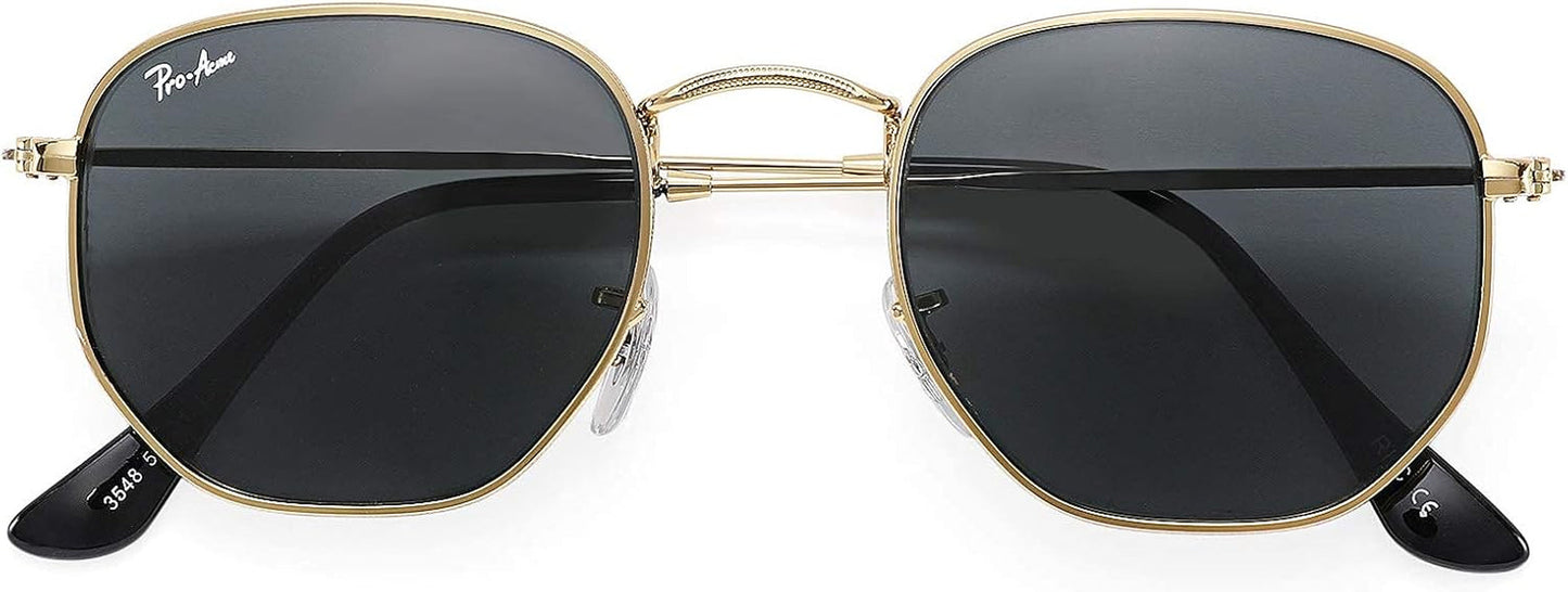 Small Square Sunglasses for Women Men 100% Real Glass Lens Hexagonal Frame