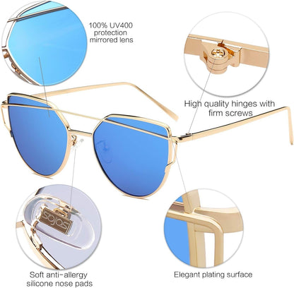 Cat Eye Sunglasses for Women Fashion Designer Style Mirrored Lenses - WORLD TIME VISITS