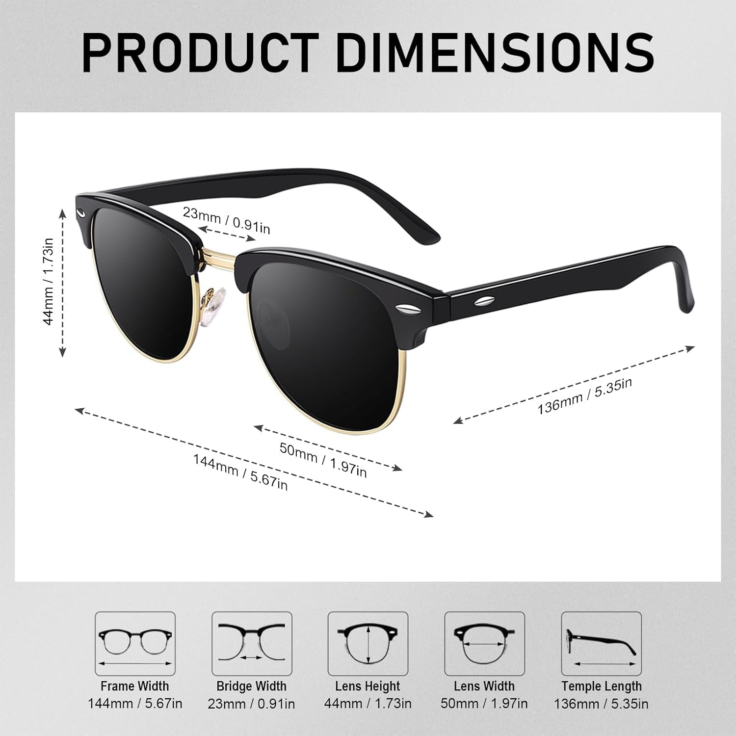 Classic Horn Rimmed Semi Rimless Polarized Sunglasses for Men Women GQO6 - WORLD TIME VISITS
