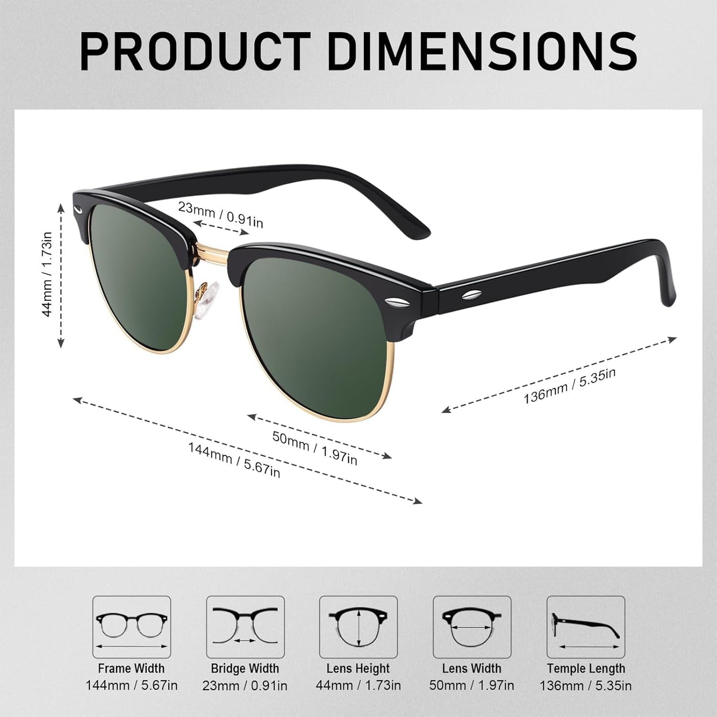 Classic Horn Rimmed Semi Rimless Polarized Sunglasses for Men Women GQO6 - WORLD TIME VISITS