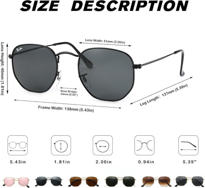 Small Square Sunglasses for Women Men 100% Real Glass Lens Hexagonal Frame - WORLD TIME VISITS
