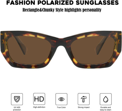 Retro Cat Eye Rectangle Polarized Sunglasses for Women Chunky Style MS52370 - WORLD TIME VISITS