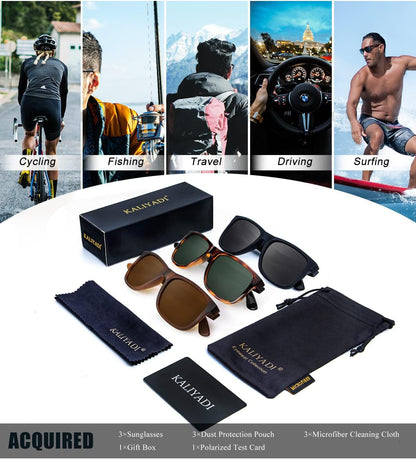 Sunglasses Men Polarized Sun Glasses for Mens Womens Classic Matte Black Frame UV Protection 3Pack - WORLD TIME VISITS