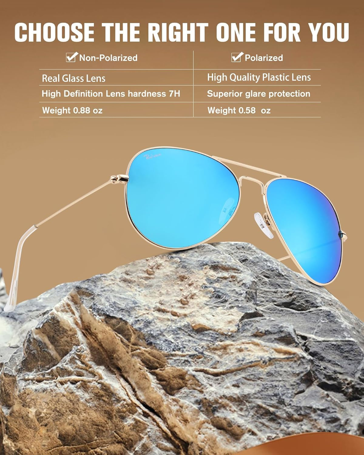 Classic Aviator Sunglasses for Men Women 100% Real Glass Lens