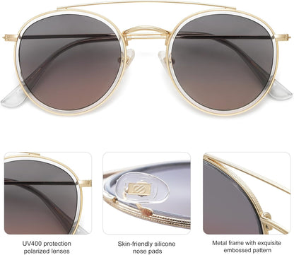 Retro Vintage round Polarized Sunglasses for Women Men Small Double Bridge Circle Sunnies SJ1104 - WORLD TIME VISITS